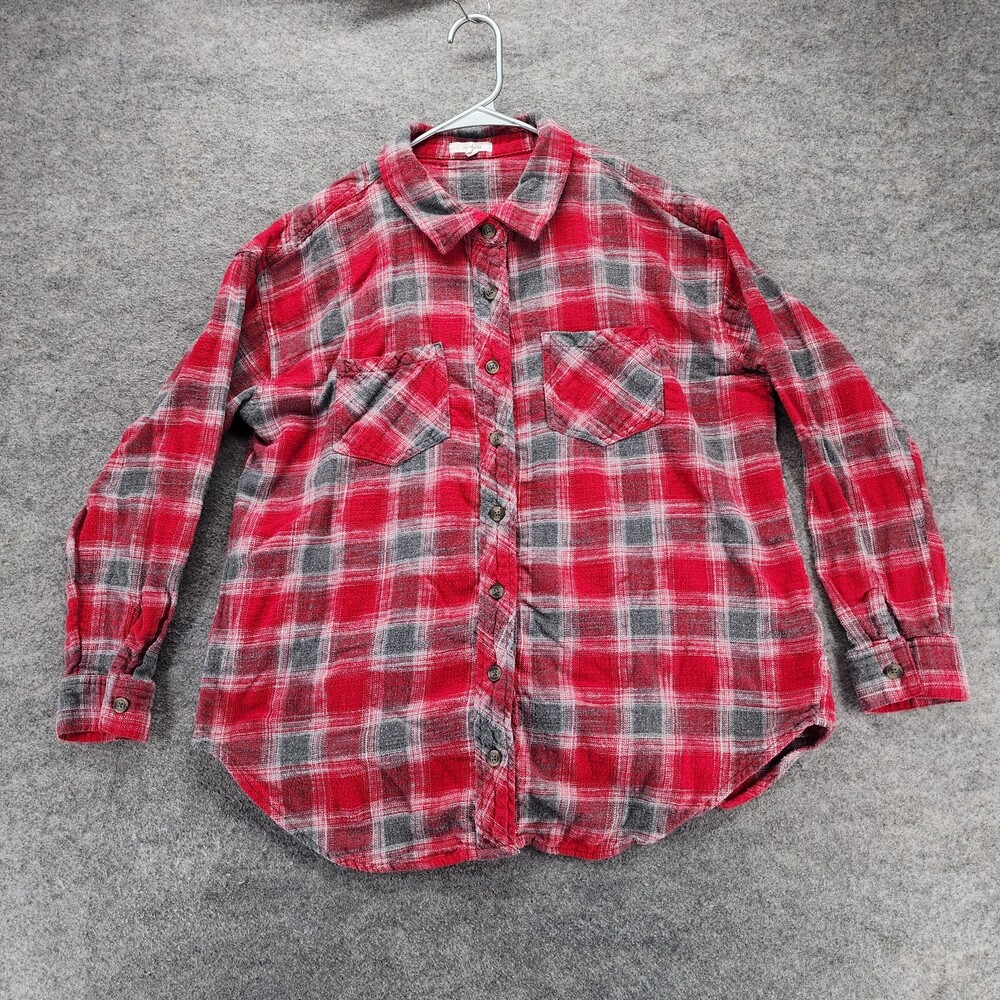 Maurices Shirt Womens Large Button Up Long Sleeve Red Gray Plaid